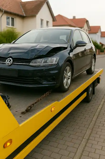Ein defektes Auto wird in Castrop-Rauxel zum Autoankauf abgeschleppt.